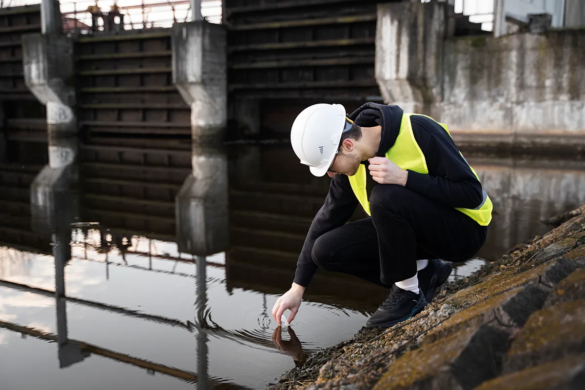 Ingeniero ambiental tomando muestras de agua